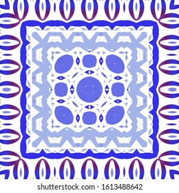 Decorative color ceramic azulejo tiles. Creative design. Vector seamless pattern concept. Blue folk ethnic ornament for print, web background, surface texture, towels, pillows, wallpaper.