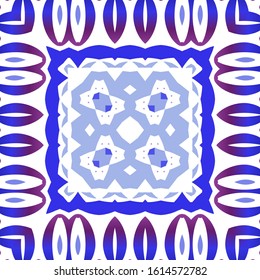 Decorative color ceramic azulejo tiles. Creative design. Vector seamless pattern concept. Blue folk ethnic ornament for print, web background, surface texture, towels, pillows, wallpaper.