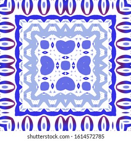 Decorative color ceramic azulejo tiles. Creative design. Vector seamless pattern concept. Blue folk ethnic ornament for print, web background, surface texture, towels, pillows, wallpaper.
