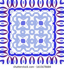 Decorative color ceramic azulejo tiles. Creative design. Vector seamless pattern concept. Blue folk ethnic ornament for print, web background, surface texture, towels, pillows, wallpaper.