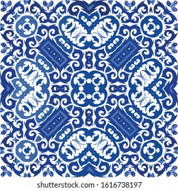 Decorative color ceramic azulejo tiles. Vector seamless pattern arabesque. Colored design. Blue folk ethnic ornament for print, web background, surface texture, towels, pillows, wallpaper.