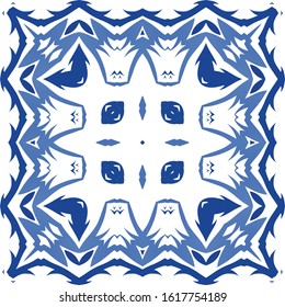 Decorative color ceramic azulejo tiles. Stylish design. Vector seamless pattern arabesque. Blue folk ethnic ornament for print, web background, surface texture, towels, pillows, wallpaper.