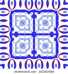 Decorative color ceramic azulejo tiles. Creative design. Vector seamless pattern concept. Blue folk ethnic ornament for print, web background, surface texture, towels, pillows, wallpaper.