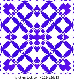 Decorative color ceramic azulejo tiles. Stylish design. Vector seamless pattern arabesque. Blue folk ethnic ornament for print, web background, surface texture, towels, pillows, wallpaper.