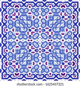 Decorative color ceramic azulejo tiles. Vector seamless pattern flyer. Graphic design. Blue folk ethnic ornament for print, web background, surface texture, towels, pillows, wallpaper.