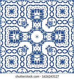 Decorative color ceramic azulejo tiles. Stylish design. Vector seamless pattern arabesque. Blue folk ethnic ornament for print, web background, surface texture, towels, pillows, wallpaper.