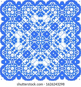 Decorative color ceramic azulejo tiles. Vector seamless pattern concept. Universal design. Blue folk ethnic ornament for print, web background, surface texture, towels, pillows, wallpaper.