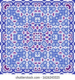 Decorative color ceramic azulejo tiles. Vector seamless pattern flyer. Graphic design. Blue folk ethnic ornament for print, web background, surface texture, towels, pillows, wallpaper.
