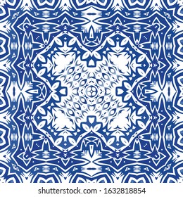 Decorative color ceramic azulejo tiles. Creative design. Vector seamless pattern watercolor. Blue folk ethnic ornament for print, web background, surface texture, towels, pillows, wallpaper.