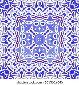 Decorative color ceramic azulejo tiles. Universal design. Vector seamless pattern texture. Blue folk ethnic ornament for print, web background, surface texture, towels, pillows, wallpaper.