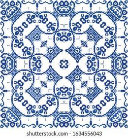 Decorative color ceramic azulejo tiles. Geometric design. Vector seamless pattern concept. Blue folk ethnic ornament for print, web background, surface texture, towels, pillows, wallpaper.