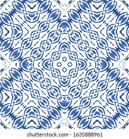 Decorative color ceramic azulejo tiles. Vector seamless pattern collage. Hand drawn design. Blue folk ethnic ornament for print, web background, surface texture, towels, pillows, wallpaper.