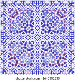 Decorative color ceramic azulejo tiles. Universal design. Vector seamless pattern texture. Blue folk ethnic ornament for print, web background, surface texture, towels, pillows, wallpaper.