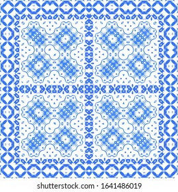Decorative color ceramic azulejo tiles. Stylish design. Vector seamless pattern arabesque. Blue folk ethnic ornament for print, web background, surface texture, towels, pillows, wallpaper.