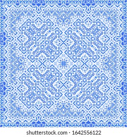 Decorative color ceramic azulejo tiles. Universal design. Vector seamless pattern texture. Blue folk ethnic ornament for print, web background, surface texture, towels, pillows, wallpaper.