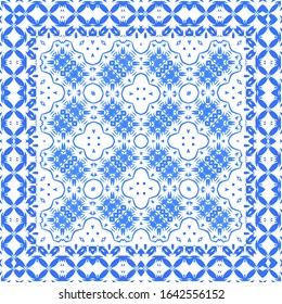 Decorative color ceramic azulejo tiles. Stylish design. Vector seamless pattern arabesque. Blue folk ethnic ornament for print, web background, surface texture, towels, pillows, wallpaper.