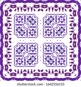 Decorative color ceramic azulejo tiles. Stylish design. Vector seamless pattern arabesque. Blue folk ethnic ornament for print, web background, surface texture, towels, pillows, wallpaper.