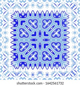 Decorative color ceramic azulejo tiles. Creative design. Vector seamless pattern watercolor. Blue folk ethnic ornament for print, web background, surface texture, towels, pillows, wallpaper.