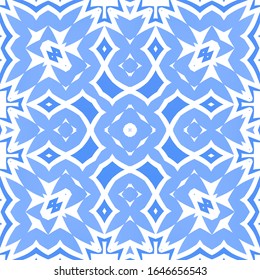 Decorative color ceramic azulejo tiles. Vector seamless pattern collage. Hand drawn design. Blue folk ethnic ornament for print, web background, surface texture, towels, pillows, wallpaper.