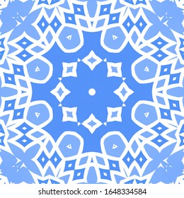 Decorative color ceramic azulejo tiles. Vector seamless pattern collage. Hand drawn design. Blue folk ethnic ornament for print, web background, surface texture, towels, pillows, wallpaper.