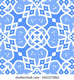 Decorative color ceramic azulejo tiles. Vector seamless pattern collage. Hand drawn design. Blue folk ethnic ornament for print, web background, surface texture, towels, pillows, wallpaper.
