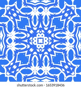 Decorative color ceramic azulejo tiles. Vector seamless pattern collage. Hand drawn design. Blue folk ethnic ornament for print, web background, surface texture, towels, pillows, wallpaper.