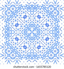 Decorative color ceramic azulejo tiles. Creative design. Vector seamless pattern watercolor. Blue folk ethnic ornament for print, web background, surface texture, towels, pillows, wallpaper.