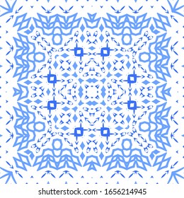 Decorative color ceramic azulejo tiles. Creative design. Vector seamless pattern watercolor. Blue folk ethnic ornament for print, web background, surface texture, towels, pillows, wallpaper.