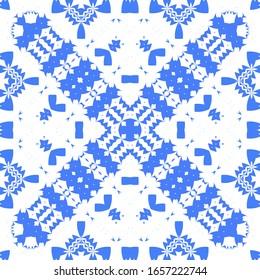 Decorative color ceramic azulejo tiles. Stylish design. Vector seamless pattern arabesque. Blue folk ethnic ornament for print, web background, surface texture, towels, pillows, wallpaper.