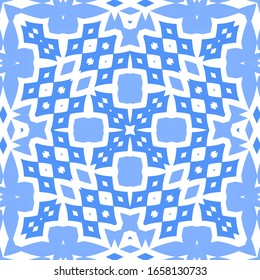 Decorative color ceramic azulejo tiles. Vector seamless pattern collage. Hand drawn design. Blue folk ethnic ornament for print, web background, surface texture, towels, pillows, wallpaper.