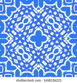 Decorative color ceramic azulejo tiles. Vector seamless pattern collage. Hand drawn design. Blue folk ethnic ornament for print, web background, surface texture, towels, pillows, wallpaper.