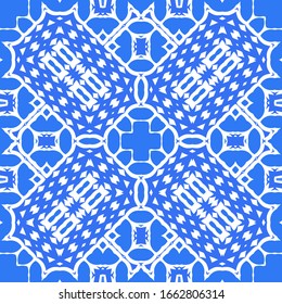 Decorative color ceramic azulejo tiles. Vector seamless pattern collage. Hand drawn design. Blue folk ethnic ornament for print, web background, surface texture, towels, pillows, wallpaper.
