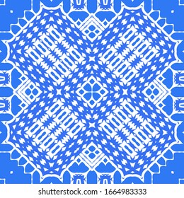 Decorative color ceramic azulejo tiles. Vector seamless pattern collage. Hand drawn design. Blue folk ethnic ornament for print, web background, surface texture, towels, pillows, wallpaper.