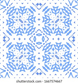 Decorative color ceramic azulejo tiles. Creative design. Vector seamless pattern watercolor. Blue folk ethnic ornament for print, web background, surface texture, towels, pillows, wallpaper.
