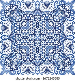 Decorative color ceramic azulejo tiles. Vector seamless pattern collage. Original design. Blue folk ethnic ornament for print, web background, surface texture, towels, pillows, wallpaper.