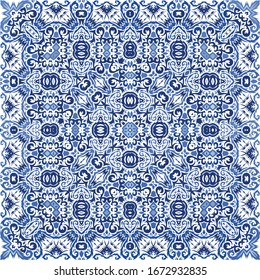Decorative color ceramic azulejo tiles. Vector seamless pattern flyer. Colored design. Blue folk ethnic ornament for print, web background, surface texture, towels, pillows, wallpaper.