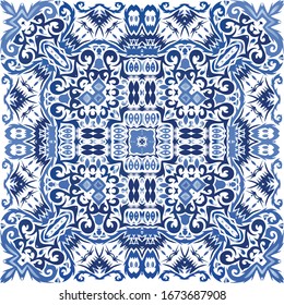 Decorative color ceramic azulejo tiles. Stylish design. Vector seamless pattern watercolor. Blue folk ethnic ornament for print, web background, surface texture, towels, pillows, wallpaper.