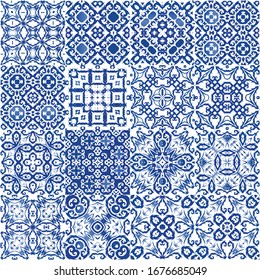 Decorative color ceramic azulejo tiles. Minimal design. Kit of vector seamless patterns. Blue folk ethnic ornaments for print, web background, surface texture, towels, pillows, wallpaper.