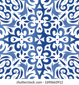 Decorative color ceramic azulejo tiles. Vector seamless pattern flyer. Original design. Blue folk ethnic ornament for print, web background, surface texture, towels, pillows, wallpaper.