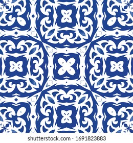 Decorative color ceramic azulejo tiles. Universal design. Vector seamless pattern flyer. Blue folk ethnic ornament for print, web background, surface texture, towels, pillows, wallpaper.