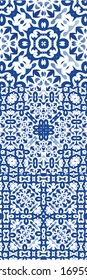 Decorative color ceramic azulejo tiles. Set of vector seamless patterns. Colored design. Blue folk ethnic ornaments for print, web background, surface texture, towels, pillows, wallpaper.