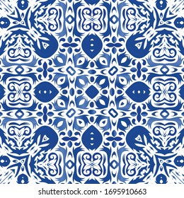 Decorative color ceramic azulejo tiles. Vector seamless pattern illustration. Fashionable design. Blue folk ethnic ornament for print, web background, surface texture, towels, pillows, wallpaper.