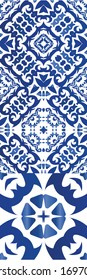 Decorative color ceramic azulejo tiles. Kit of vector seamless patterns. Original design. Blue folk ethnic ornaments for print, web background, surface texture, towels, pillows, wallpaper.