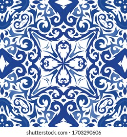 Decorative color ceramic azulejo tiles. Vector seamless pattern elements. Original design. Blue folk ethnic ornament for print, web background, surface texture, towels, pillows, wallpaper.