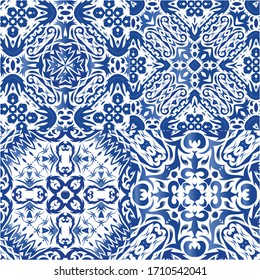 Decorative color ceramic azulejo tiles. Creative design. Collection of vector seamless patterns. Blue folk ethnic ornaments for print, web background, surface texture, towels, pillows, wallpaper.