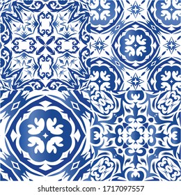 Decorative color ceramic azulejo tiles. Collection of vector seamless patterns. Colored design. Blue folk ethnic ornaments for print, web background, surface texture, towels, pillows, wallpaper.