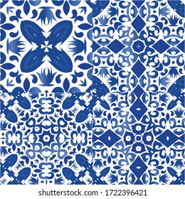 Decorative color ceramic azulejo tiles. Collection of vector seamless patterns. Colored design. Blue folk ethnic ornaments for print, web background, surface texture, towels, pillows, wallpaper.