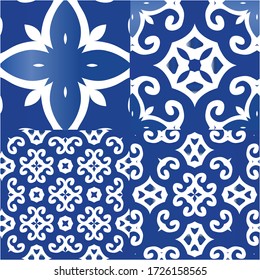 Decorative color ceramic azulejo tiles. Set of vector seamless patterns. Universal design. Blue folk ethnic ornaments for print, web background, surface texture, towels, pillows, wallpaper.