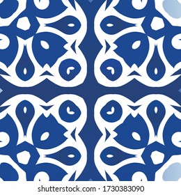 Decorative color ceramic azulejo tiles. Vector seamless pattern arabesque. Creative design. Blue folk ethnic ornament for print, web background, surface texture, towels, pillows, wallpaper.