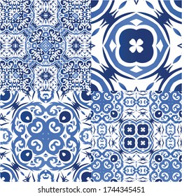 Decorative color ceramic azulejo tiles. Set of vector seamless patterns. Original design. Blue folk ethnic ornaments for print, web background, surface texture, towels, pillows, wallpaper.